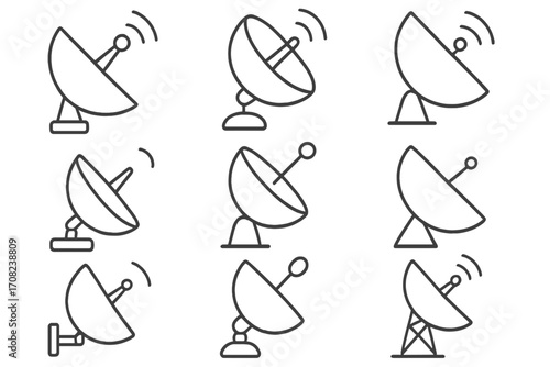 Satellite dish antenna outline icon set. Communication technology linear pictograms. Editable stroke vector. Radio signal, broadcast, network, and radar symbols for web.