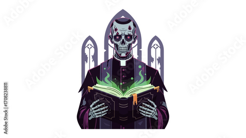 Dark Priest: A captivating digital illustration presents an enigmatic skeletal figure in priestly attire, immersed in an ancient grimoire within a gothic setting.