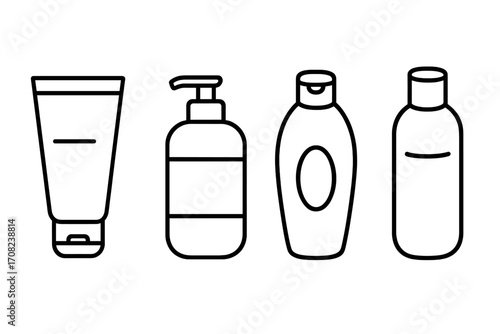 Set of cosmetic container line icons. Vector outline illustration of shampoo bottle, cream tube, soap pump dispenser. Beauty, skincare, and hygiene product packaging design.