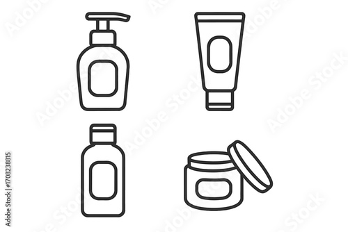 Cosmetic containers icon set. Line art of bottle, tube, jar, pump dispenser. Skincare and beauty product packaging symbol. Vector outline illustration for soap, lotion, cream.