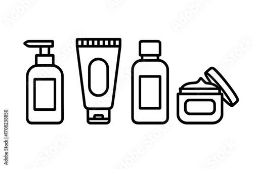 Cosmetic bottle outline icon set. Skincare and beauty product line art. Vector collection of shampoo, cream tube, lotion dispenser, and moisturizer jar for web and graphic design.