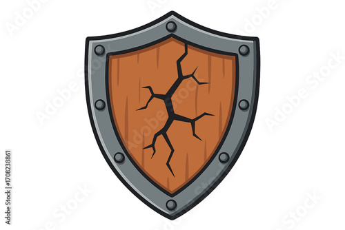 Cracked wooden shield vector illustration. Broken, damaged defense concept. Medieval battle armor icon. Symbol of vulnerability, lost protection and security breach.