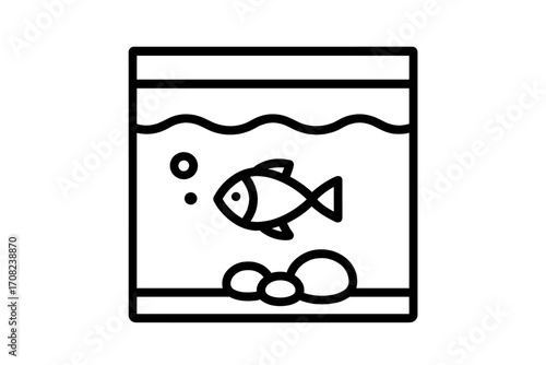 Fish tank line icon. Minimalist aquarium with a pet fish, bubbles, and stones. Simple vector illustration for a pet shop logo, aquatic symbol, or fishkeeping hobby concept.