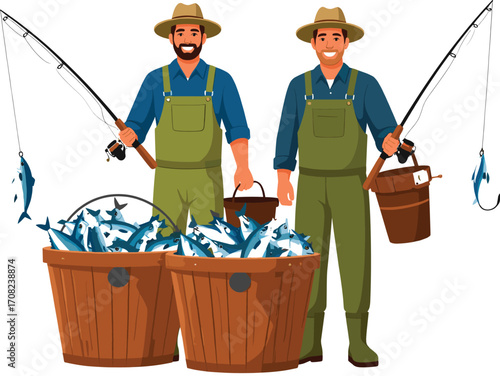 Cartoon Fisherman with Rod and Outdoor Fishing Props Vector