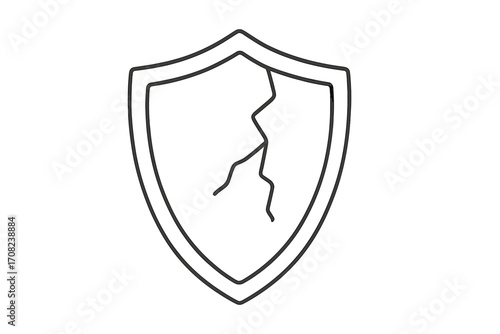 Cracked shield line icon representing vulnerability and security breach. Vector concept of broken protection, risk, and data failure. Metaphor for insecurity, damage, cyber attack.