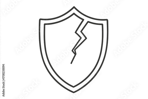 Cracked shield line icon. Broken security and protection sign. Vulnerability and risk concept. Unsafe defense, system failure, data breach, cyber attack metaphor vector.