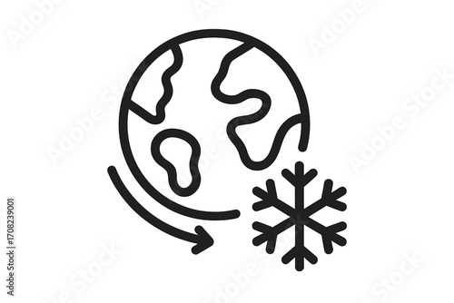 Global cooling vector icon concept. Ice age, climate change symbol. Planet Earth freezing with snowflake illustration. Cold weather, winter, and environment line art sign.