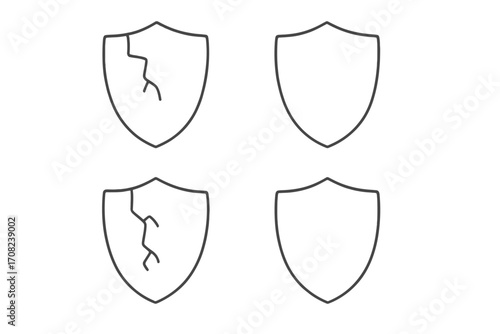 Cracked shield icon for insecure system. Unsafe and vulnerable data protection concept. Thin line pictogram. Security risk, broken defense and data breach metaphor.