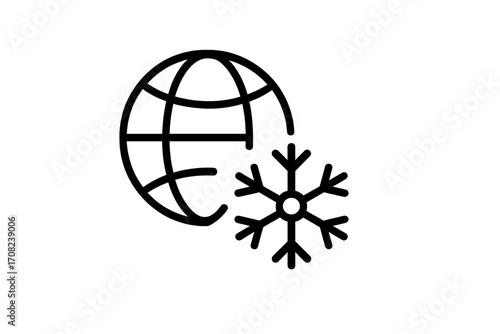 Global cooling concept icon. Planet Earth with snowflake symbol. Metaphor for ice age, climate change, cold weather, winter season. Minimalistic linear vector illustration.
