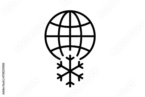 Global cooling icon, climate change metaphor. Earth globe with snowflake. World freezing, ice age concept. Winter season, cold weather symbol. Environmental, ecological pictogram.