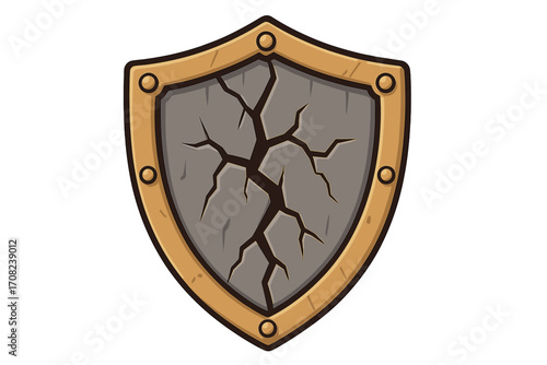 Broken stone shield icon. Cracked defense symbol. Metaphor for vulnerability, risk, and failed security. Damaged medieval knight armor for a game asset. Vector cartoon.