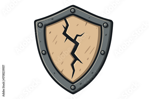 Broken shield icon. Cracked defense symbol. Metaphor for vulnerability, risk, and data breach. Security failure concept. Damaged protection pictogram for web, app, ui. Vector.