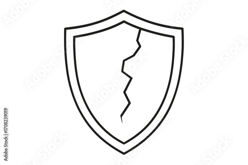 Broken shield line icon. Vulnerability and risk symbol. Unprotected, unsafe, insecure concept. Cyber attack, data leak, and failed defense metaphor. Vector illustration.