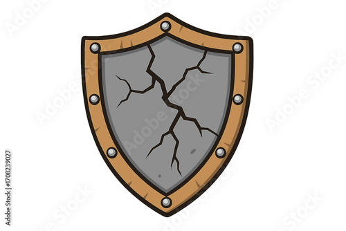 Cracked shield vector concept. Metaphor for vulnerability, broken defense, and security failure. Damaged medieval battle armor icon. Broken protection symbol. Cartoon illustration.
