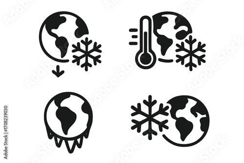 Minimalistic global cooling icons set with Earth, snowflake, and thermometer symbols for environmental, climate change, and weather concept designs, vector illustration
