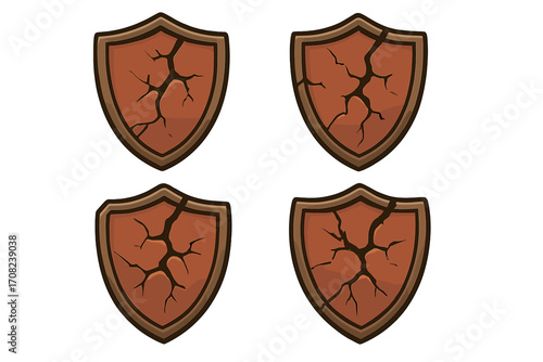 Cracked shield vector icon set. Broken medieval defense symbol for game asset. Cartoon illustration of damaged wooden protection element. Ancient battle armor graphic design.
