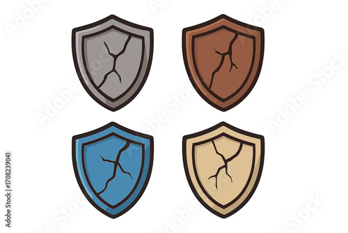 Cracked shield icon set. Metaphor for vulnerability, weak defense, and broken security. Damaged protection symbol. Ancient battle armor concept. Vector cartoon illustration.