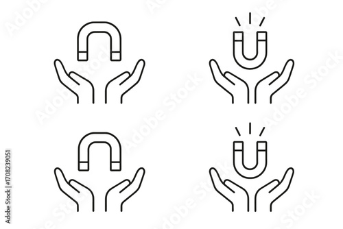 Set of icons with magnet in hands. Concept of customer attraction, retention, and engagement. Inbound marketing and lead generation symbol. Vector line art illustration.