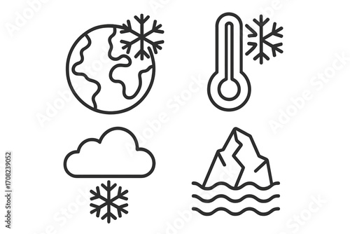 Global cooling concept icons set with earth, thermometer, snow cloud, and iceberg symbols. Linear outline style vector illustration for graphic design, apps, adverts, and cards.