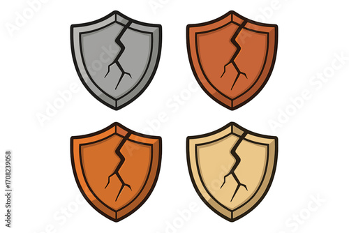 Cracked shield vector icon set. Broken security and protection symbol. Concept of vulnerability, damage, cyber attack or failed defense. Cartoon illustration in gold, silver, bronze.