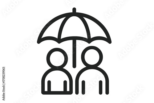 Life insurance icon. Family protection concept. Two people under umbrella. Metaphor for safety, security, care, support, financial assurance, partnership and togetherness. Vector.