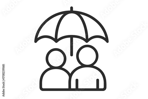 Family life insurance protection icon. Couple safety and security concept. Umbrella symbol of care, support, health. Metaphor for coverage, defense, assurance, safety net.