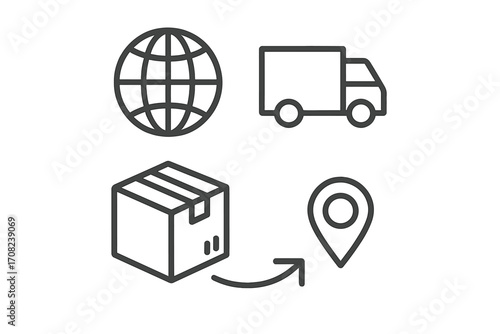 Global delivery logistics icon set, minimalistic linear pictogram design for web, apps, banners, social media, cards, worldwide shipping, package transport, location tracking vector illustration