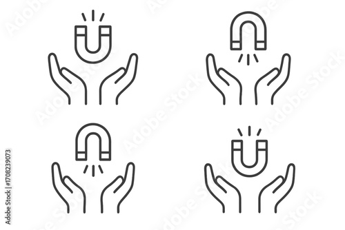 Set of icons with magnet in open hands. Metaphor for customer attraction, lead generation, and retention. Concept of inbound marketing, influence, engagement, and the law of attraction.
