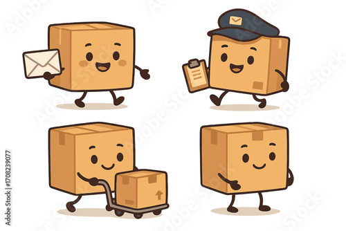 Cute parcel delivery character mascot set. Cartoon cardboard box postman with letter, clipboard, and dolly. Shipping, logistics, and mail service vector illustration collection.