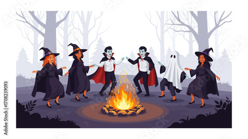 Halloween Campfire Gathering: A spooky illustration captures a gathering of characters, including witches, vampires, and a ghost, dancing around a crackling bonfire, evoking the spirit of Halloween.