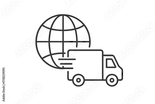 Minimalistic global delivery truck icon, fast worldwide shipping symbol, logistics and transportation pictogram for web design, apps, banners, social media, digital cards vector