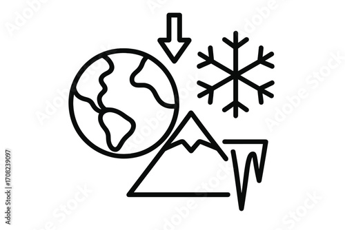 Global cooling climate change concept icon, ice age symbol with Earth, snowflake, mountain, icicle vector illustration for design, apps, social networks, cards