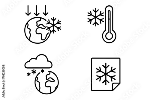 Global cooling concept outline linear icons set with Earth, snowflake, cold thermometer, snow clouds, and cold weather symbols for graphic design, apps, adverts, cards, vector illustration