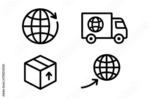 Global delivery minimalistic thin line icon set for web and graphic design, digital apps, banners, social networks, cards, vector cartoon illustration, global shipping and logistics symbols