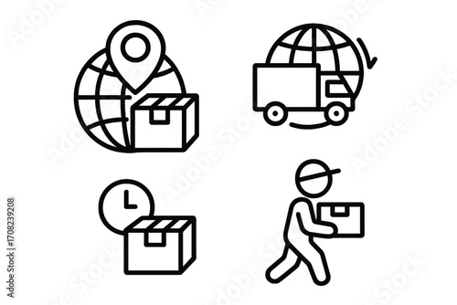 Global delivery icon set, modern outline style carton illustration with package, location pin, clock, truck and delivery man, logistics and shipping concept for app design, social networks