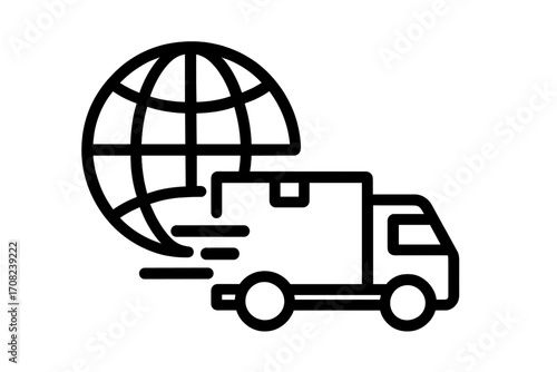 Global delivery icon minimalist thin outline truck with globe and package concept, fast shipping symbol for web, app, banner, social media, and graphic design vector illustration