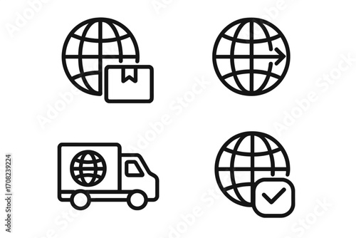 Global delivery minimalistic thin line icons set for web design, apps, banners, social network, logistics, shipping, transport, package, worldwide service, vector illustration
