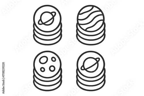 Space coin and crypto token line icon set. Galaxy currency with planet symbols like Saturn and moon. Digital money for cosmic finance, investment, and economy concept vector.