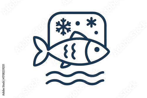Frozen fish seafood line icon. Minimalist outline vector symbol for food industry, fishery market, and grocery store. Fresh cold fish from the sea concept for cooking.