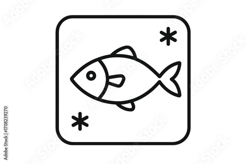 Frozen fish icon for food packaging and labels. Minimalistic seafood symbol for web and graphic design. Vector line art illustration of a cold fish product for apps and banners.