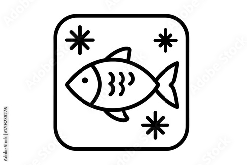 Frozen fish line icon. Vector symbol for seafood packaging, freezer storage, and grocery label. Minimalist logo for fish market, supermarket, and fresh food industry.