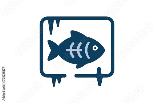 Frozen fish seafood vector icon in a block of ice. Minimalist symbol for food market, grocery store, and packaging design. Fresh fish concept for web, apps, and logo.