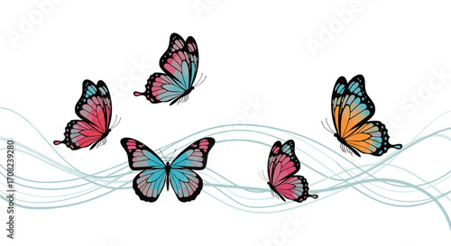 A captivating collection of colorful butterflies fluttering gracefully above delicate wavy lines.