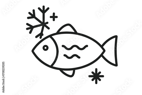 Frozen fish vector icon. Seafood product outline symbol. Minimalist sign for food packaging, grocery label. Concept cold storage, ice, fresh fishery market goods, menu.