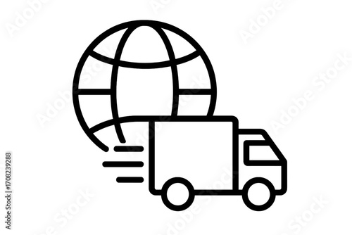 Global delivery truck outline icon with globe, fast shipping symbol, logistics and transportation concept, vector cartoon illustration for graphic design, apps, adverts, cards.