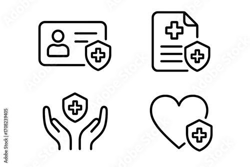 Minimalistic Health Insurance Icons Set, Linear Vector Illustrations for Web, Apps, Banners, Social Media, Medical Protection, Health Card and Care Symbols