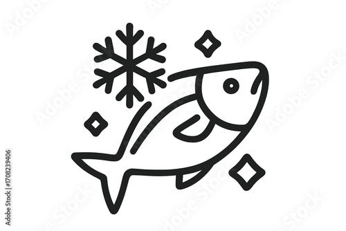 Frozen fish line icon for seafood market or grocery store. Vector logo concept for fresh food, cold storage, and packaging. Minimalist outline symbol of a fish with snowflake.