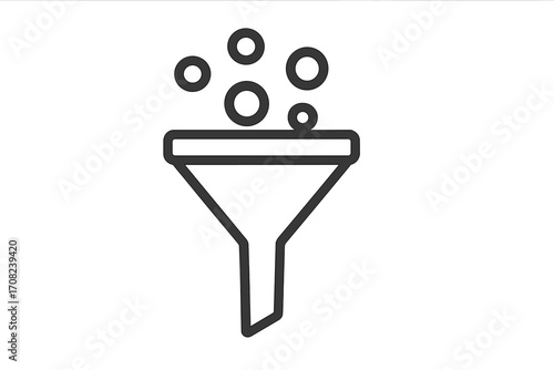 Sales funnel metaphor for lead generation and client conversion. Marketing process visualization. Data filtering and analysis icon. Lead nurturing and customer journey concept.