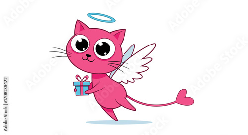 A cute pink cat with wings and a halo holds a gift.