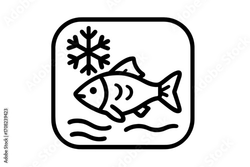 Frozen fish vector outline icon. Cold seafood symbol for food packaging and grocery store. Fresh fish with snowflake illustration for restaurant menu, logo, and web design.